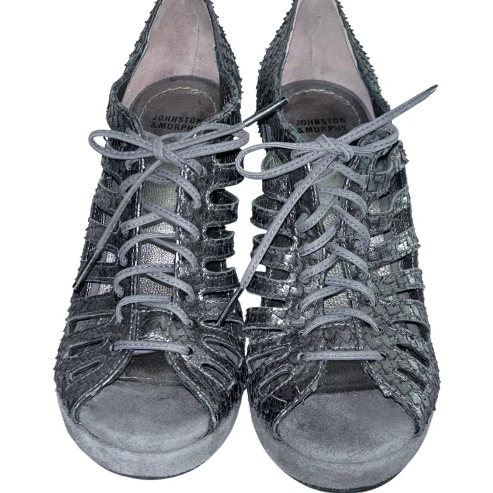 Johnston Murphy Maddie Caged Wedge Platform Sandals Pewter Leather